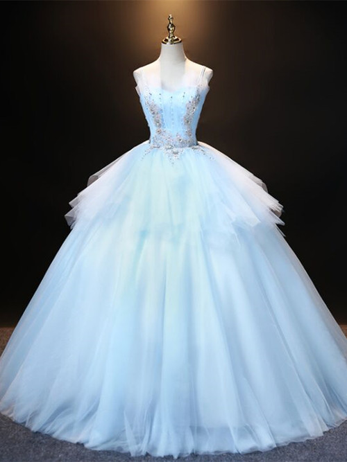 Blue Tulle Spaghetti Straps Appliques Quinceanera Dress