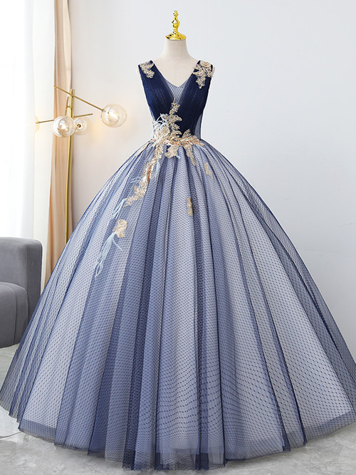 Gorgeous V Neck Blue Tulle Beaded Sequin Appliques Quinceanera Dress Sweet 16 Dress main image 0