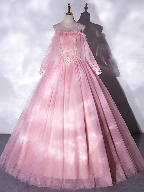 Pink Tulle Lace V-neck Short Sleeve Appliques Quinceanera Dress main image 1