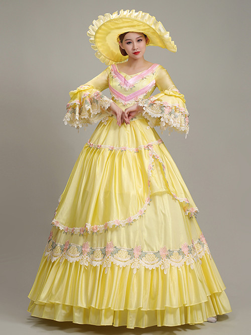 Yellow Satin Colorful Lace Long Sleeve Baroque Victorian Dress