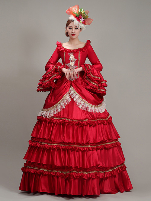 Red Satin Long Sleeve Appliques Masquerade Dress