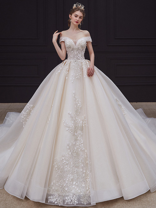 Ball Gown Sequins Tulle Off the Shoulder Beading Wedding Dress