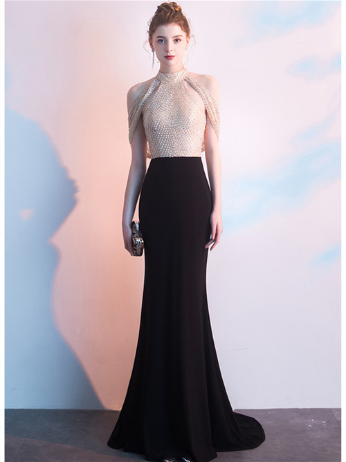 Sexy Black Halter Sequin Beaded Mermaid Prom Dress Backless Long Birthday Party Dress SP506