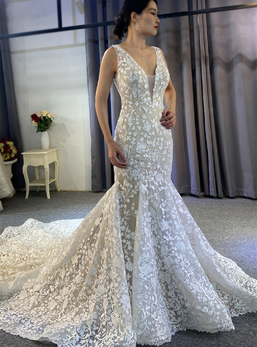 Sexy Mermaid Lace Appliques V-neck Wedding Dress