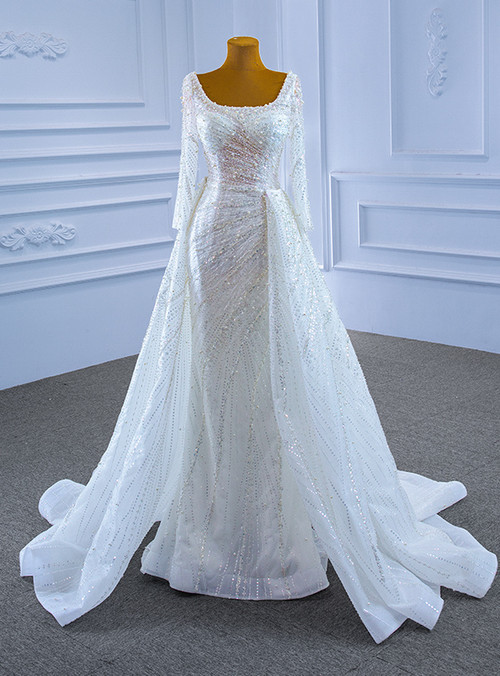 Fairytale Wedding Dress White Mermaid Sequins Long Sleeve Wedding Dresses C763 main image 1
