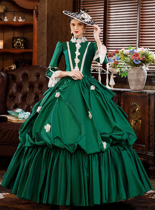 Green Satin Long Sleeve Appliques Rococo Baroque Dress