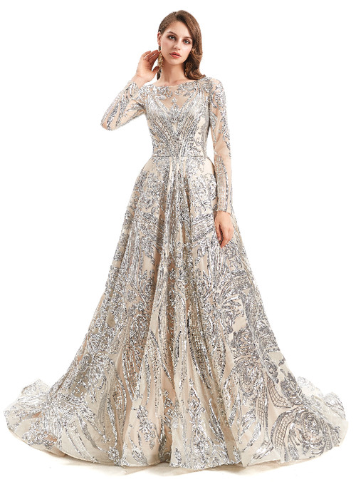 Silver Sequins Long Sleeve Backless Prom Dress