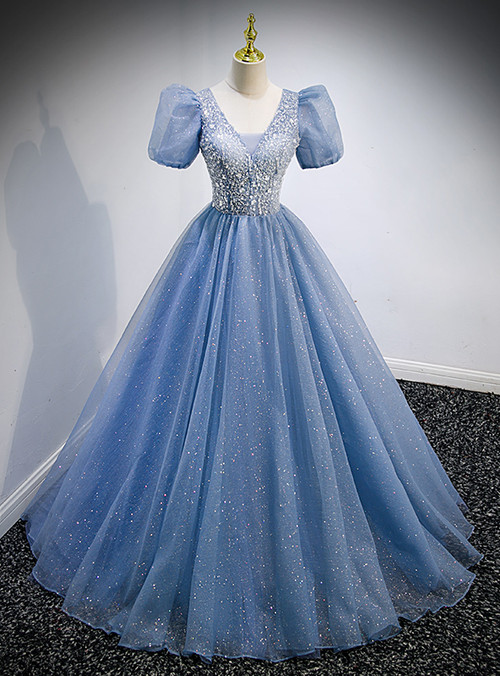 Blue Tulle Sequins Puff Sleeve Beading Formal Prom Dress main image 1