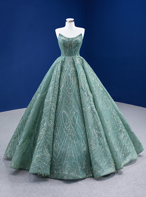 Green Sequins Champagne Appliques Prom Dress