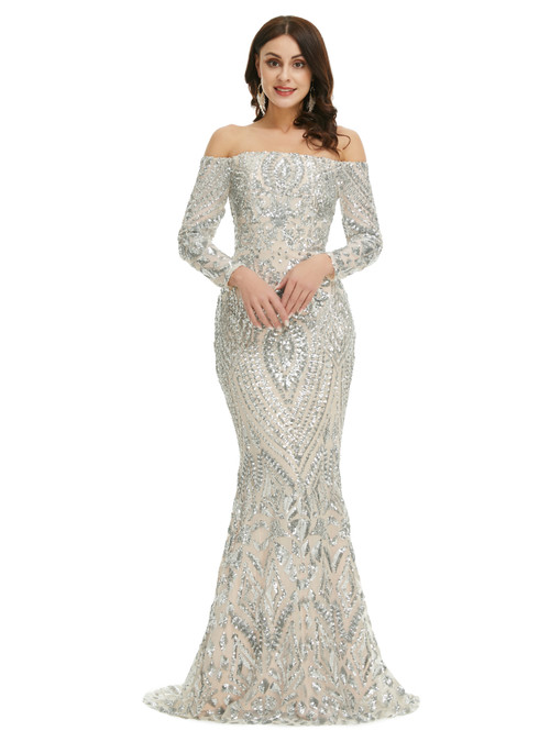 Chic Silver Mermaid Sequins Off the Shoulder Beading Prom Dress Evening Dress Y7613 main image 0