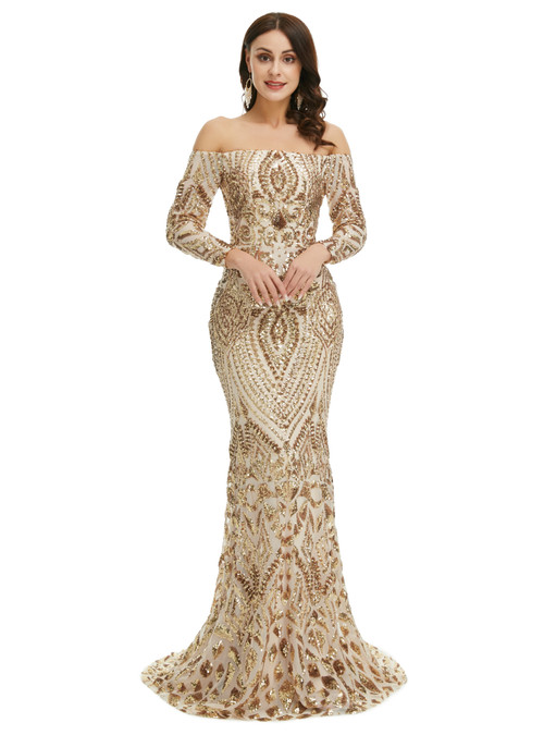 Gold Sequined Off the Shoulder Long Sleeves Sheath Prom Dresses LBQ1233
