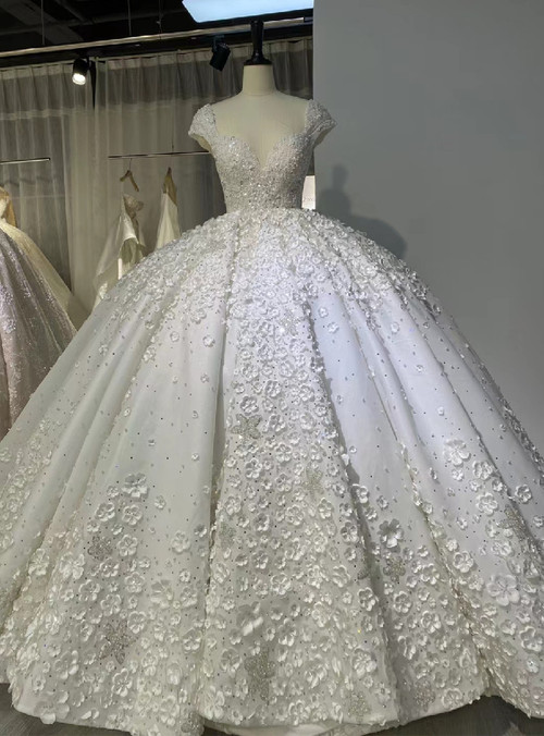 Luxury White Tulle Flower Square Wedding Dress