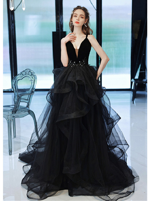 Popular Prom Dress Black Crew Neck Tulle Pleated Evening Dress Birthday Party Dress  D4253 main image 0