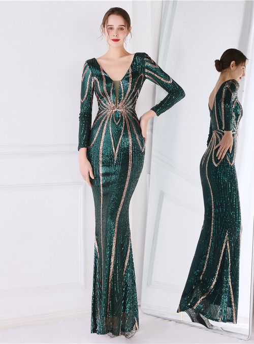 Green Sequin Short Cocktail Dress with Long Sleeves