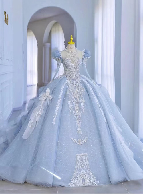 Princess Blue Tulle Long Sleeve Backless Wedding Dress