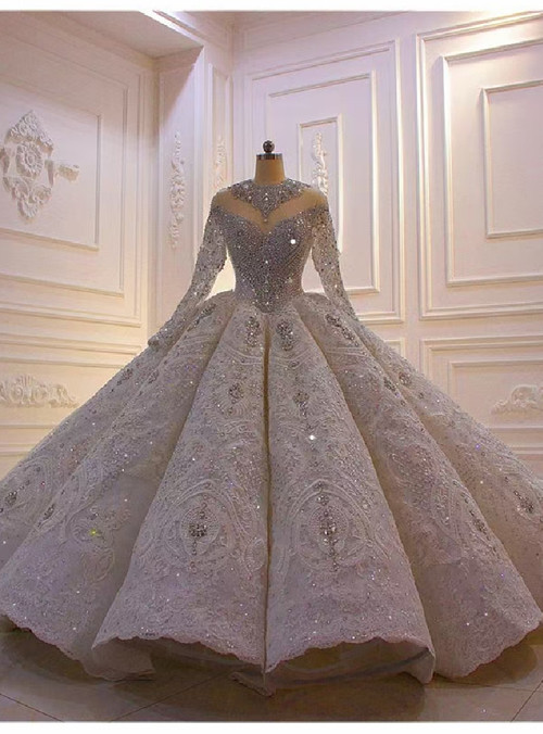 Spuer Luxury Dubai Long Sleeve Lace Beading Crystal Wedding Dress With ...