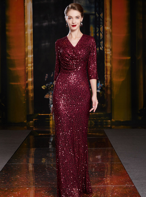 Burgundy Asymmetrical Sparkly Sequin Mother of Bride Dress with Appliques main image 1