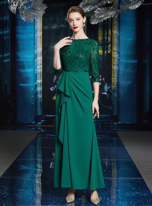 Green Chiffon Lace 3/4 Sleeve Mother Of The Bride Dress