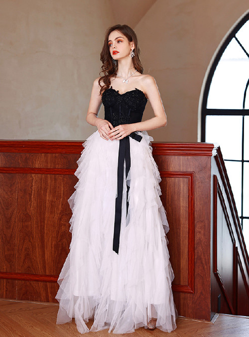 Black-White Strapless A Line Tulle Ruffled Formal Prom Dresses With Beading