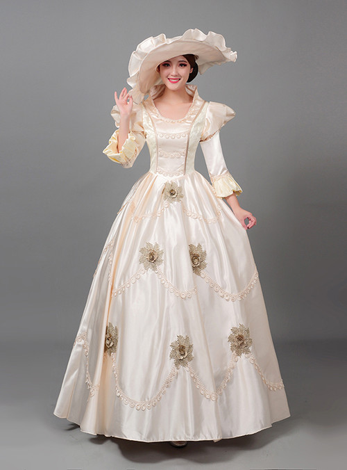 Champagne Satin Long Sleeve Flower Rococo Baroque Dress