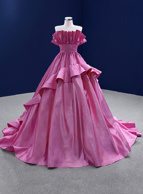 Satin Draped Dress with Flowers in Fuchsia