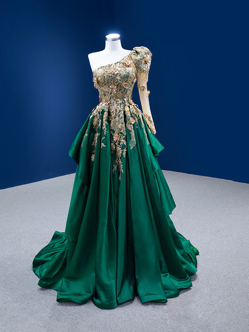 Green Satin One Shoulder Sequins Appliques Prom Dress