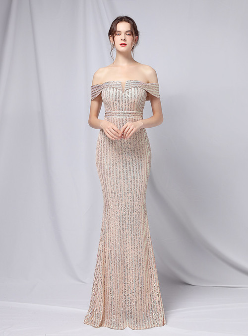 Elegant Illusion Neck Diamond Glitter Sequin Mermaid Dress Gold main image 0