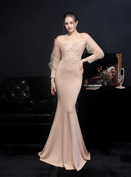 Off the Shoulder Mermaid Champagne Sequin Long Ball Dress with Cape Sleeves