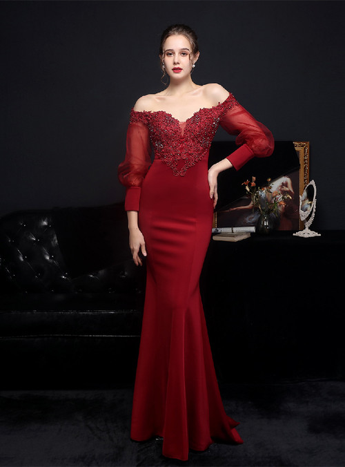 In Stock:Ship in 48 Hours Burgundy Mermaid Long Sleeve Appliques Party ...