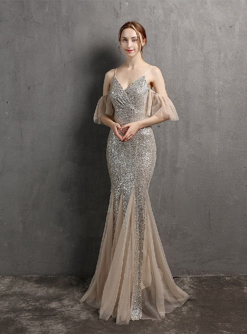 Pretty Silver Spaghetti Straps Satin Lace Appliques Mermaid Evening Dress Long Birthday Party Gown main image 1