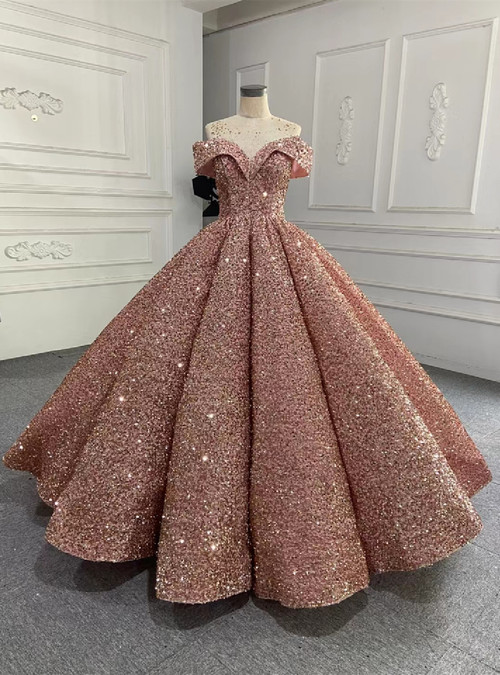 Classy Ball Gown One Shoulder Pink Sequin Evening Dress Long Prom Dresses P0020