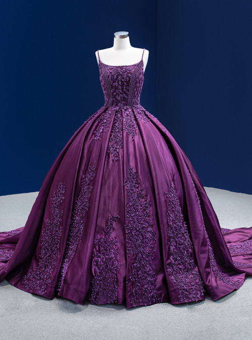 Purple Ball Gown Satin Appliques Pearls Prom Dress — free download
