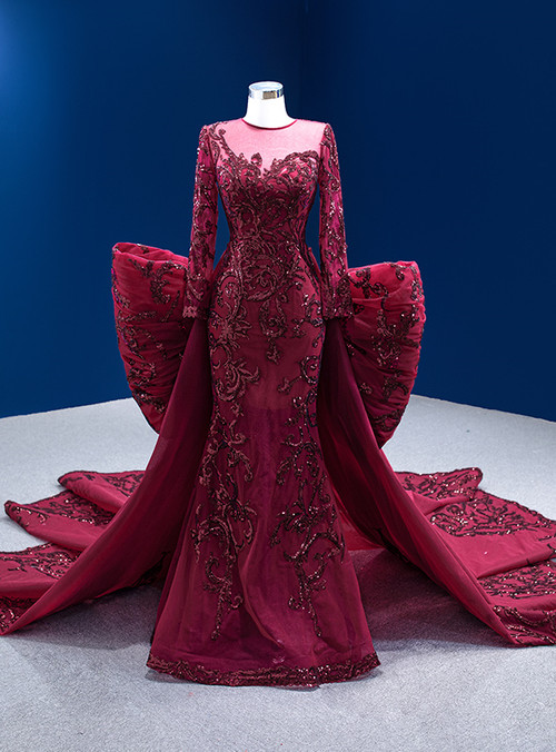 Pretty Burgundy One Shoulder Tulle Sequins Evening Dress,Long Mermaid Party Prom Gown cc2760 main image 1