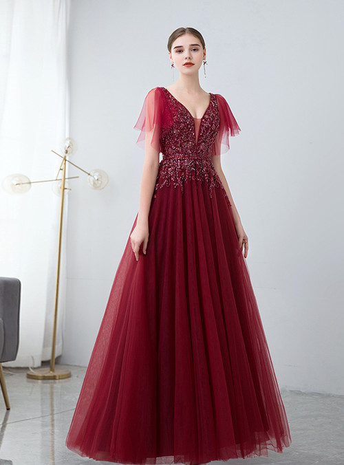 Burgundy Tulle V-neck Backless Beading Prom Dress