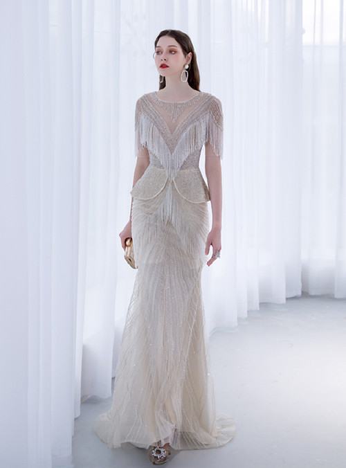 Beautiful Long Mermaid Beading Prom Dresses With Long Sleeves main image 1
