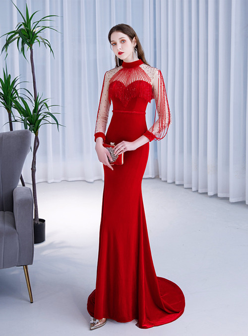 Modern Velvet One Shoulder Beaded Red Carpet Dresses Evening Gowns Women Mermaid Prom Dress Y1907 main image 1