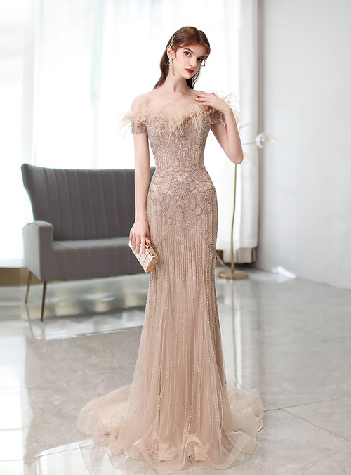 Ruffles Flowers Tulle Beading Off The Shoulder Mermaid Prom Dress