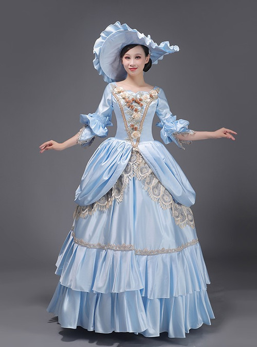 Blue Satin Short Sleeve 3D Appliques Victorian Rococo Dress