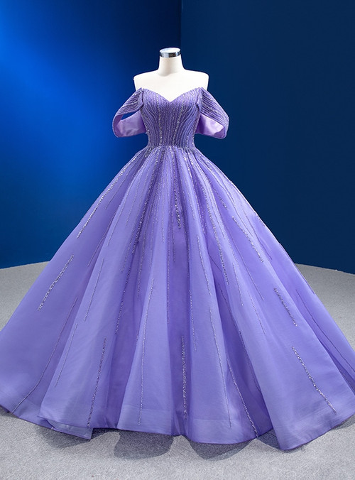 Purple Tulle Square Short Sleeve Beading Prom Dress main image 1