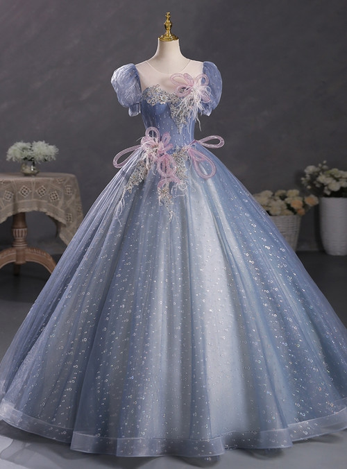 Blue Tulle Puff Sleeve Sequins Beading Quinceanera Dress main image 1
