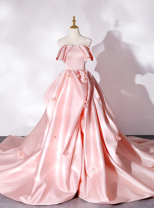 V Neck Straps Sleeveless 3D Floral Appliques Beaded Pink Sweet 16 Quinceanera Dress WQ1037