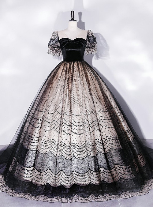 White and Black Tulle V Neck Full Length Evening Prom Wedding Formal Princess Dress Hand Made  W15-8.2 main image 0