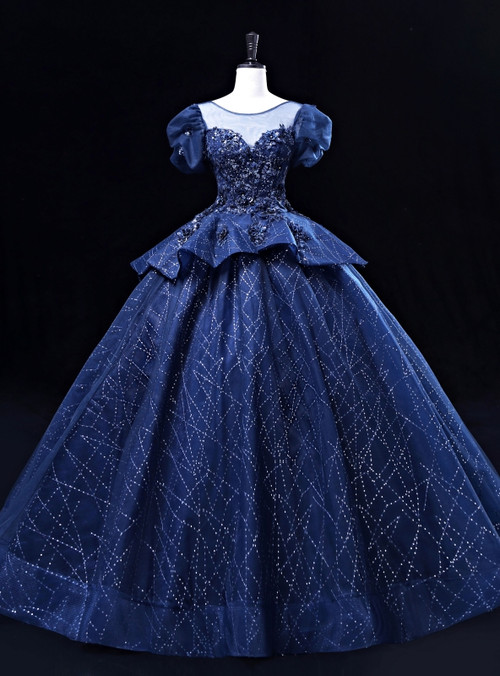 Navy Blue Tulle Long Sleeve Appliques Beading Quinceanera Dress
