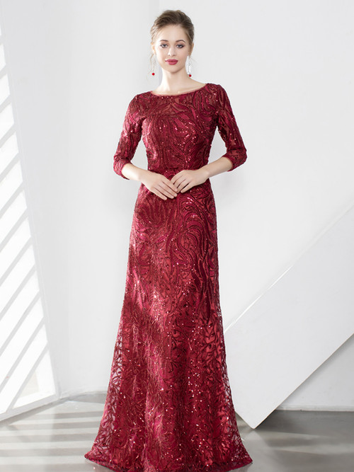 A-Line Burgundy Lace Sequins 3/4 Sleeve Mother Of The Bride Dress