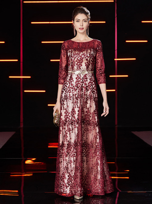 Lace Bodice V-Neck 3/4 Sleeves Long Mother Of The Bride Dress Burgundy Dress