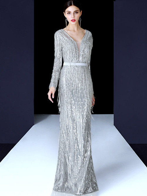 Long Formal Mermaid Silver Sequins Gown
