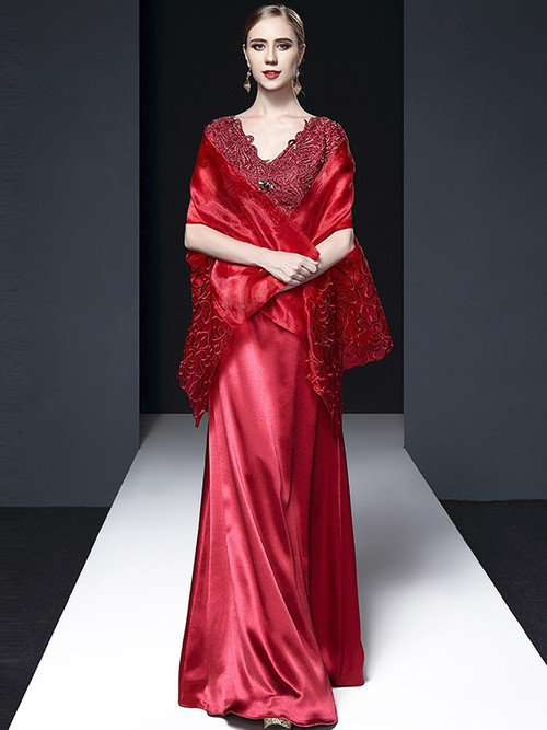 Burgundy A Line Appliqued Midi Mother of the Bride Dress