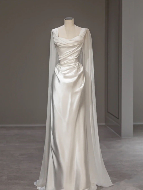 White Satin Pleats Straps Wedding Dress