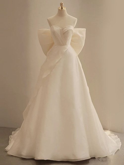 Sweetheart A Line Tulle Half Illusion Sleeve Ivory Wedding Dress main image 1