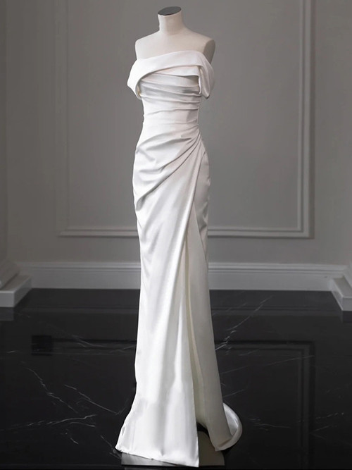 White Mermaid Off The Shoulder Pleated Satin Wedding Dress with Slit